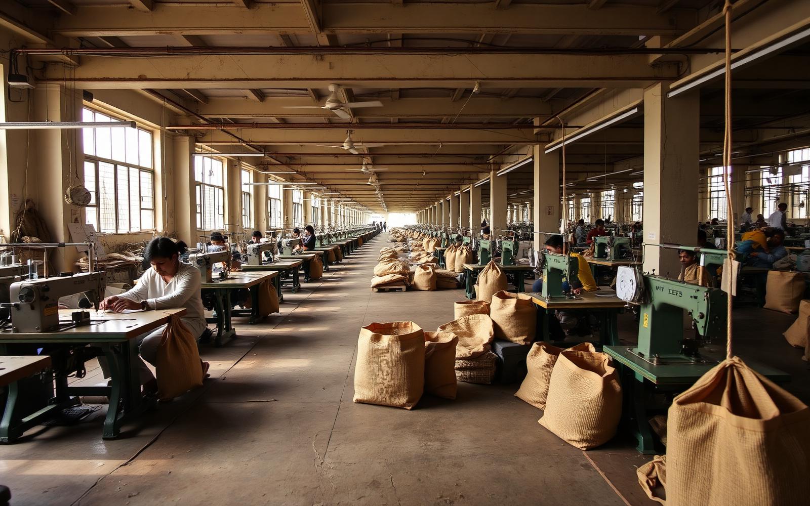 Workers assembling jute bags on the factory floor in Kolkata